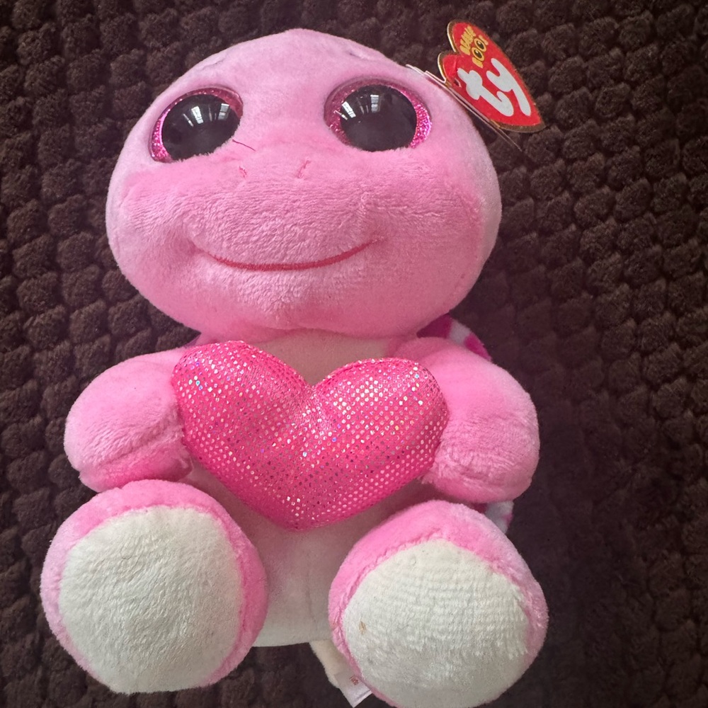 Ty Pink and White Turtle Plush with Sparkly Heart
